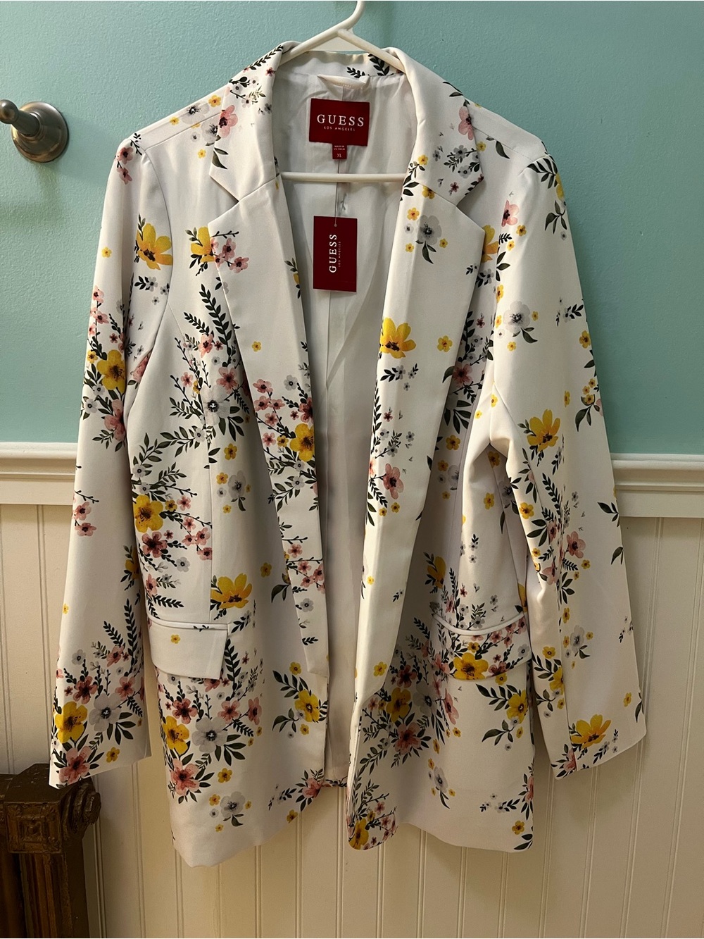 GUESS White Floral Blazer with Yellow & Pink Flowers